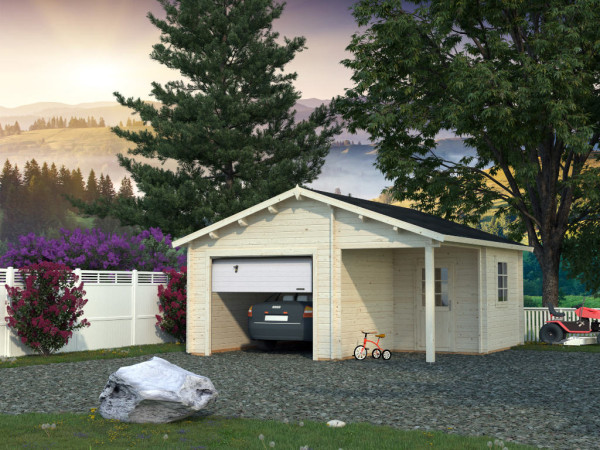 Garage Roger 21,9+5,2 m² mit Sektionaltor 44 mm transparent tauchimprägniert