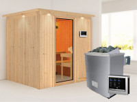 Sauna Systemsauna Sodin mit Dachkranz, inkl. 4,5 kW Ofen mit externer Steuerung