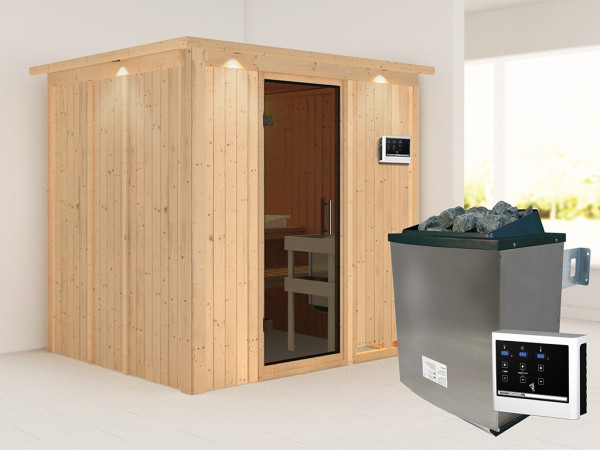 Sauna Systemsauna Sodin mit Dachkranz, inkl. 9 kW Ofen mit externer Steuerung