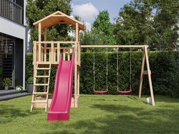 Spielturm Tilly Premium mit Doppelschaukel Lärche inkl. Rutsche pink + Sitze pink