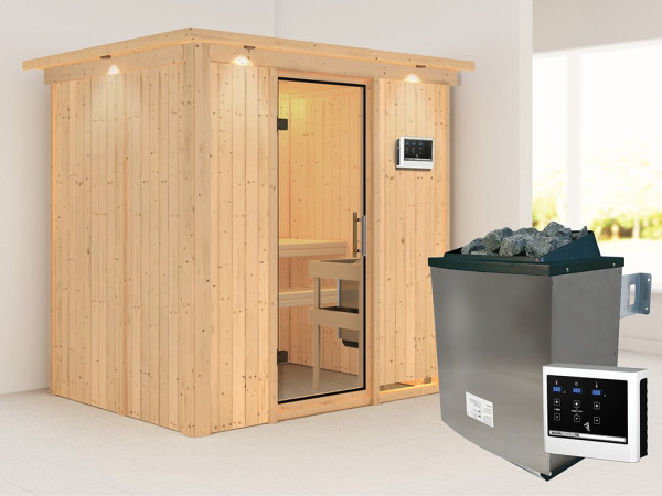 Sauna Systemsauna Bodin mit Dachkranz, inkl. 9 kW Ofen mit externer Steuerung