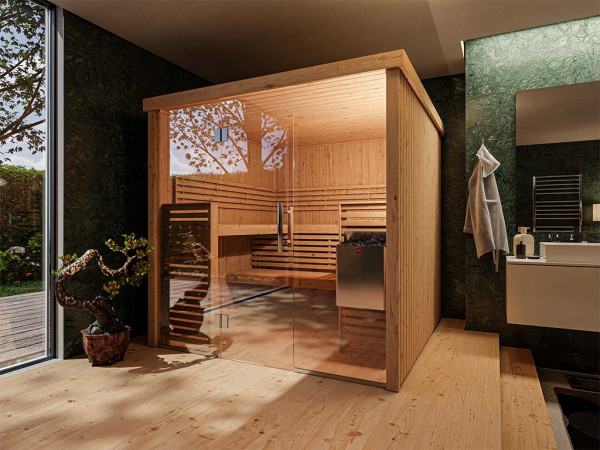 Systemsauna Variant View Large SPARSET inkl. 9 kW Bio Saunaofen mit externer Steuerung
