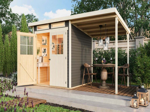Gartenhaus SET Glücksburg 3 19 mm terragrau inkl. 1,9 m Anbaudach