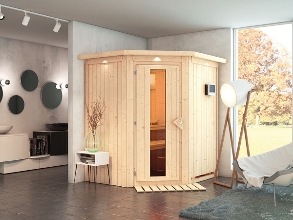 Sauna Systemsauna Taurin mit Dachkranz, inkl. 9 kW Bio-Ofen mit externer Steuerung