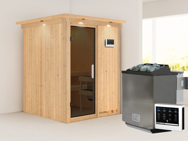 Sauna Systemsauna Norin mit Dachkranz, inkl. 9 kW Bio-Ofen mit externer Steuerung