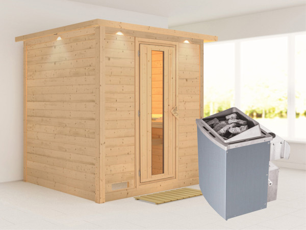 Massivholzsauna Mojave mit Dachkranz, Holztür mit Isolierglas, inkl. 9 kW Ofen integr. Steuerung