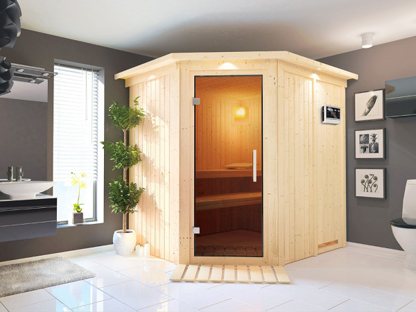 Sauna Systemsauna Siirin mit Dachkranz, inkl. 9 kW Bio-Ofen mit externer Steuerung
