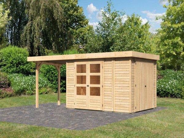 Gartenhaus SET Retola 4 19 mm naturbelassen, inkl. 2,4 m Anbaudach + Anbauschrank