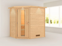 Sauna Massivholzsauna Svea mit Dachkranz, Holztür mit Isolierglas