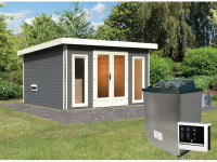 Saunahaus Mainburg 2 terragrau 38 mm inkl. Bio-Kombiofen 9 kW + ext. Steuerung