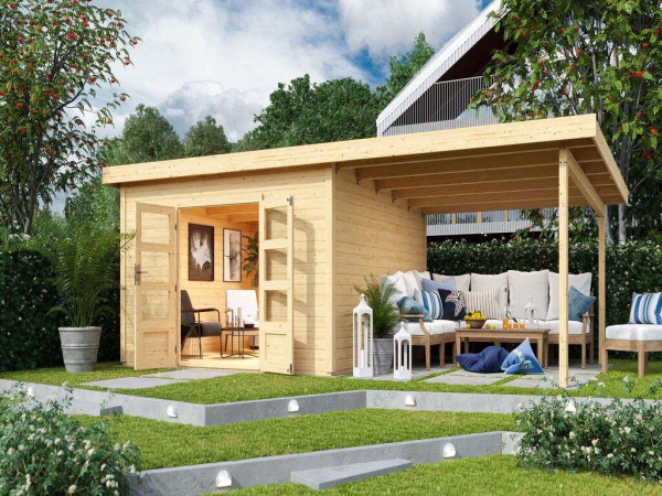 Gartenhaus SET Northeim 5 – mit naturbelassenem Holz, inkl. 3,3 m Anbaudach