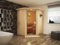 Sauna Systemsauna Larin mit Dachkranz, inkl. 4,5 kW Ofen mit externer Steuerung