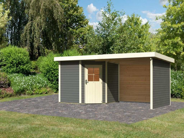 Gartenhaus SET Neuruppin 2 28 mm terragrau, inkl. 3,2 m Anbaudach + Seiten- und Rückwand