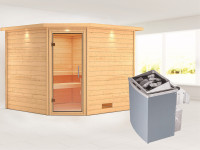 Sauna Massivholzsauna Leona mit Dachkranz, Klarglas Ganzglastür + 9 kW Saunaofen mit Steuerung