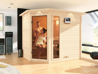 Sauna Massivholzsauna Tanami mit Dachkranz, inkl. 9 kW Bio-Kombiofen ext. Steuerung