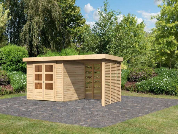 Gartenhaus SET Northeim 4 – mit naturbelassenem Holz, inkl. 3,3 m Anbaudach