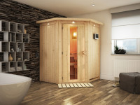 Sauna Systemsauna Larin mit Dachkranz, inkl. 4,5 kW Bio-Ofen mit externer Steuerung