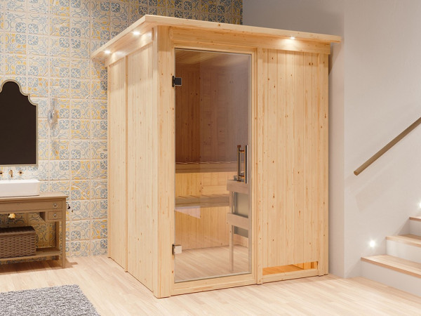 Sauna Systemsauna Norin mit Dachkranz, inkl. 9 kW Ofen mit integrierter Steuerung