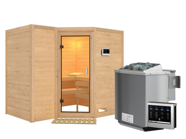 Sauna Massivholzsauna Sahib 2 Klarglas Ganzglastür + 9 kW Bio-Kombiofen mit ext.Strg