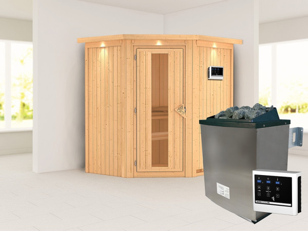 Sauna Systemsauna Taurin mit Dachkranz, inkl. 9 kW Ofen mit externer Steuerung