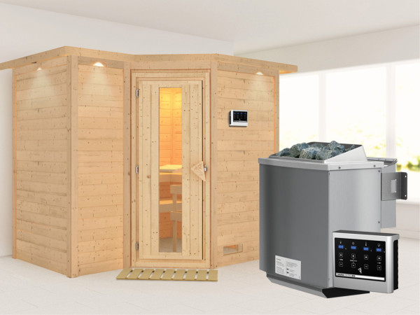 Massivholzsauna Sahib 2 mit Dachkranz, Holztür mit Isolierglas, inkl. 9 kW Bio-Ofen ext. Steuerung