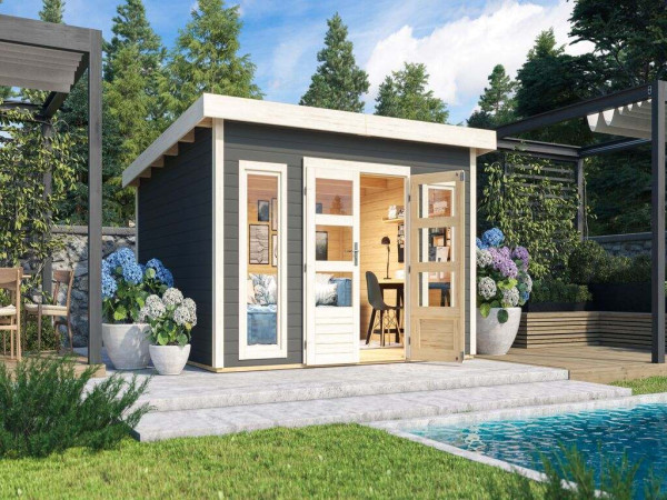 Gartenhaus Northeim 5 – Terragrau, 419 x 420 cm, 38 mm Wandstärke, Pultdach