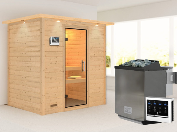 Sauna Massivholzsauna Sonja mit Dachkranz, inkl. 9 kW Bio-Ofen mit externer Steuerung