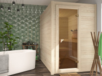 Sauna Massivholzsauna SPARSET Infuusio 2 inkl. 3,6 kW Ofen mit externer Steuerung