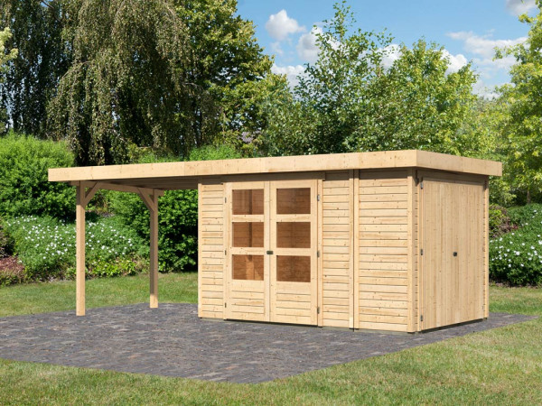 Gartenhaus SET Retola 3 19 mm naturbelassen, inkl. 2,8 m Anbaudach + Anbauschrank