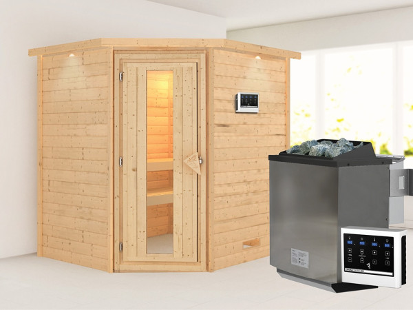 Sauna Massivholzsauna Mia mit Dachkranz, inkl. 9 kW Bio-Ofen mit externer Steuerung