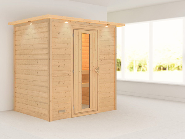 Sauna Massivholzsauna Sonja mit Dachkranz, Holztür mit Isolierglas