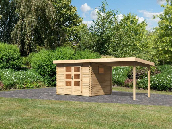 Gartenhaus Blockbohlenhaus SET Trittau 3 38 mm naturbelassen, inkl. 3 m Anbaudach