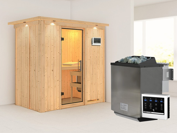 Sauna Systemsauna Variado mit Dachkranz, inkl. 9 kW Bio-Ofen mit externer Steuerung