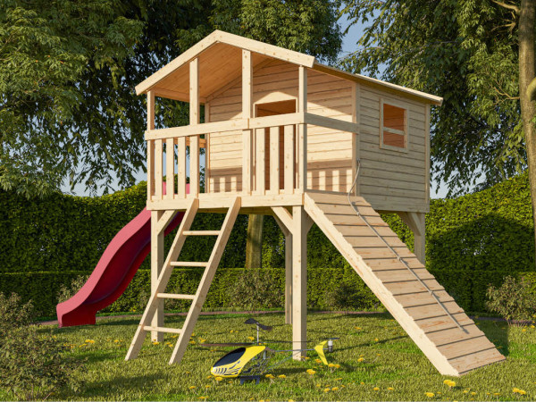 Stelzenhaus Benjamin SET 19 mm naturbelassen inkl. Rutsche rot und mehr