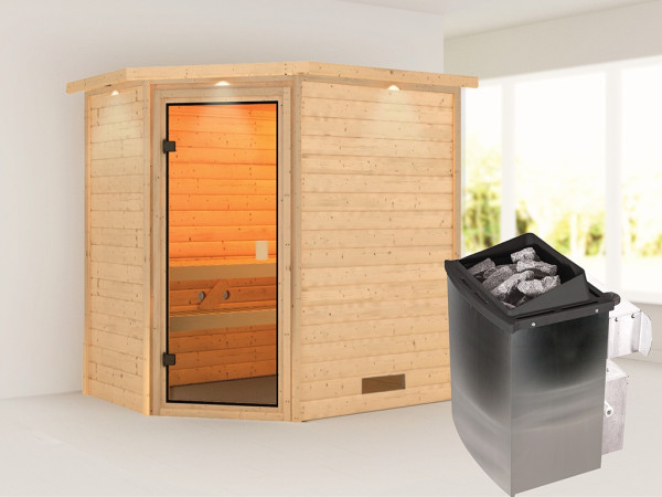 Sauna Massivholzsauna Jella mit Dachkranz, inkl. 9 kW Ofen mit integrierter Steuerung