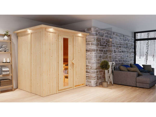 Sauna Systemsauna Bodin mit Dachkranz, inkl. 9 kW Bio-Ofen mit externer Steuerung