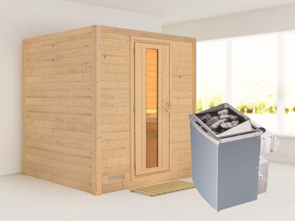 Massivholzsauna Mojave Holztür mit Isolieglas, inkl. 9 kW Ofen integr. Steuerung