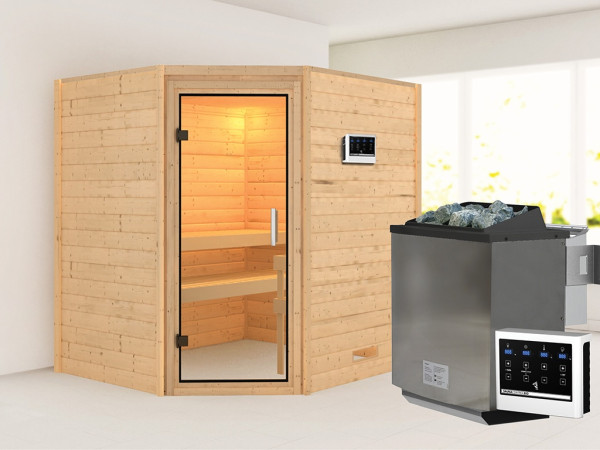 Sauna Massivholzsauna Mia, inkl. 9 kW Bio-Ofen mit externer Steuerung