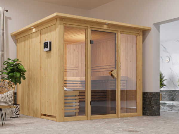 Sauna Systemsauna Sari mit Dachkranz, bronzierter Ganzglastür