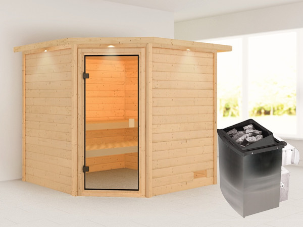 Sauna Tilda mit bronzierter Glastür und Dachkranz + 9 kW Saunaofen integr. Strg.