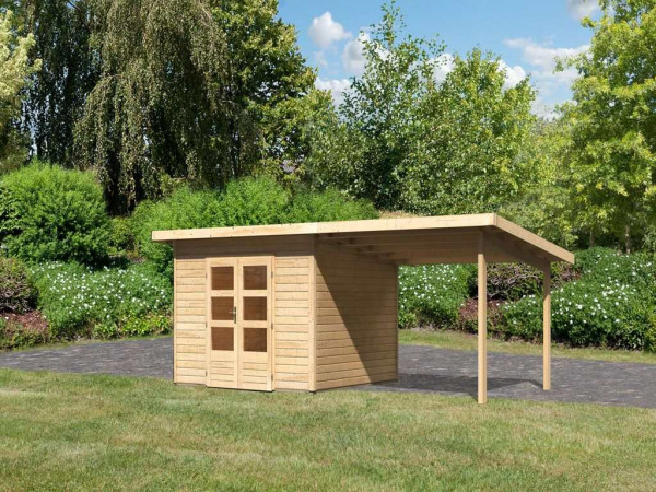 Gartenhaus SET Northeim 3 – mit naturbelassenem Holz, inkl. 3,3 m Anbaudach