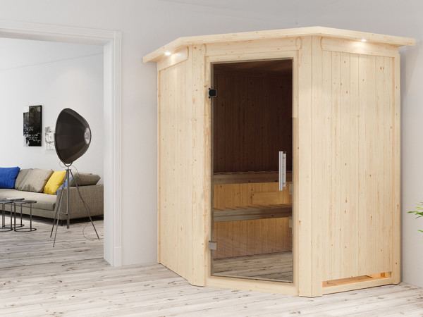 Sauna Systemsauna Larin mit Dachkranz, inkl. 9 kW Ofen mit integrierter Steuerung