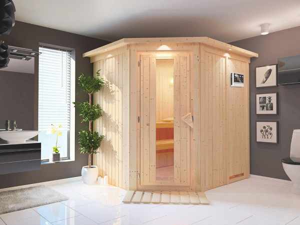 Sauna Systemsauna Siirin mit Dachkranz, inkl. 9 kW Bio-Ofen mit externer Steuerung