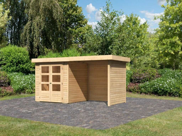 Gartenhaus SET Askola 2 19 mm naturbelassen, inkl. 2,4 m Anbaudach + Seiten- und Rückwand