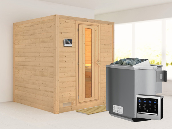 Massivholzsauna Mojave Holztür mit Isolierglas, inkl. 9 kW Bio-Ofen ext. Steuerung