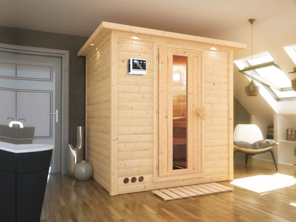 Massivholzsauna Mojave mit Dachkranz, Holztür mit Isolierglas inkl. 9 kW Bio-Ofen ext. Steuerung