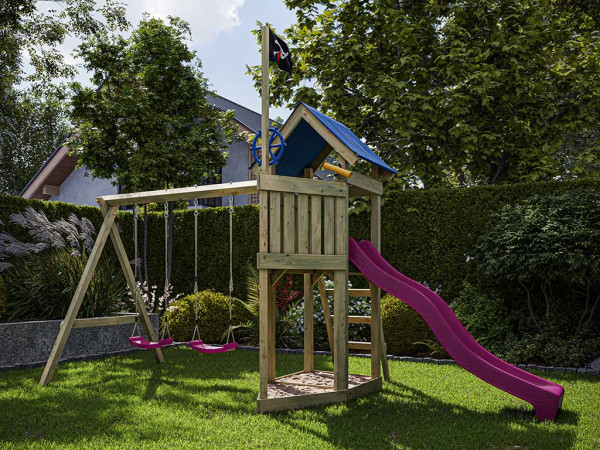 Spielturm Pirat Captain Jolly KDI mit Doppelschaukel inkl. Rutsche pink + Sitze pink