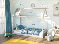 Kinderbett Hausbett Bodenbett Ilenia weiß/grau/grün mit Lattenrost und Rausfallschutz