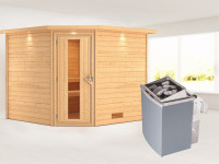 Sauna Massivholzsauna Leona mit Dachkranz, Energiespartür + 9 kW Saunaofen mit Steuerung