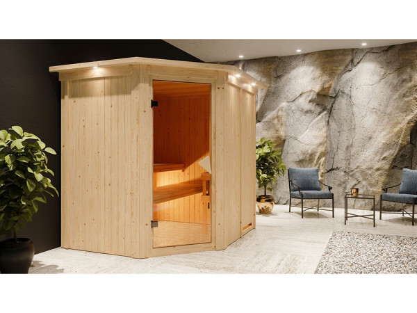 Sauna Systemsauna Siirin mit Dachkranz, inkl. 9 kW Ofen mit integrierter Steuerung